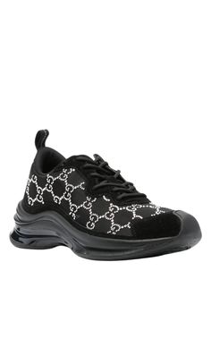 Elevate your sneaker game with these stylish Tela Black GG Crystal Mesh Runner Sneakers from Gucci. Featuring a flat heel, round toe, and lace-up vamp, these sneakers also have a cushioned footbed and rubber outsole for ultimate comfort. The mesh design is accented with crystal embellishments, while the suede and leather trim add a luxurious touch. Don't miss out on the suede panelling for a complete and sleek look.Composition: Mesh 100%, Calf Suede 100%Lining: Fabric 100%, Calf Leather 100%Sole Designer Slip-on Sneakers For Streetwear, Luxury Lace-up Sneakers For Streetwear, Designer Low-top Sneakers With Laces, Designer Lace-up Sneakers With Rubber Sole, Luxury Low-top Sneakers With Laces, Gucci Low-top Sneakers With Abzorb Midsole, Luxury Lace-up Sports Sneakers, Designer Streetwear Sneakers, Flat Heel Synthetic Sneakers With Laces