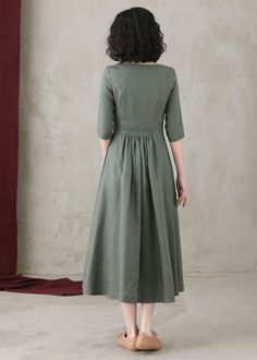 Green A-line Cotton Midi Dress, Green Tea-length Spring Dress, Solid Color Cotton Linen Midi Dress, Spring Olive Linen Dress, Fitted Green Linen Midi Dress, Green Spring Midi Tea-length Dress, Green Tea Length Midi Dress For Spring, Green Tea-length Midi Dress For Spring, Green Tea-length Summer Dress