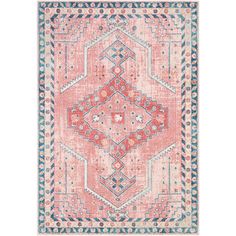 a pink and blue rug with an intricate design on the bottom, in front of a white background