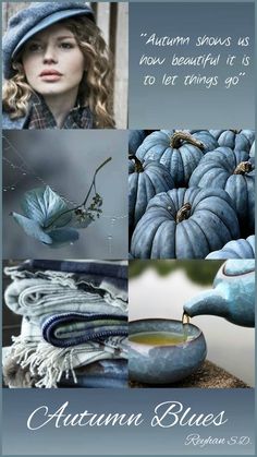 an advertisement for autumn blues featuring blue pumpkins