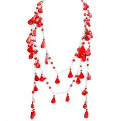 This rich red coral lariat features teardrop beads "floating" from a sterling silver chain.One long strand with no clasp for endless possibilities and styles. Get matching earrings EAER092817-01 Due to inherent nature of natural stones, there may be slight variation in stone sizes, shapes, colors and patterns Every individual stone hand wire wrapped! It's always good to have some red accent jewelry in your wardrobe! Bamboo Coral is a gemstone with the meaning and properties to avoid evil energies as an amulet. It strongly prevents negative energy which hinders fortune. (google Bamboo Coral has the power to release anxiety and fear. (https://www.gemstone7.com) Stones: Bamboo Coral (color enhanced) Stones: EANKLT101617-01 SKU: EANKLT101617-01 Length: Lariat is approx. 52" Dimensions: Teardro Bamboo Coral, Semi Precious Jewelry, Teardrop Beads, Stone Pattern, Statement Pendant, Jewelry Repair, Red Accents, Red Coral, Coral Color