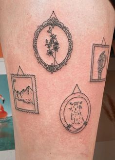 a woman's leg with tattoos on it and pictures in the frame around her