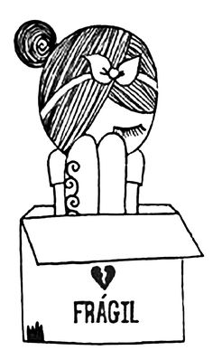 a black and white drawing of a girl in a box with the word fragile on it