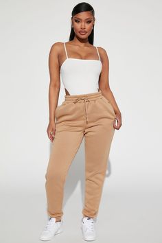 Available In Black| Royal| Mocha| Blush| Kelly Green And Yellow Pair With Like A Champ Pullover Sweatshirt Drawstring Waist Pockets Jogger 100% Polyester Imported | Like A Champ Jogger Pant in Mocha size XS by Fashion Nova Taupe Fashion, Comfy Sweatpants, Wide Leg Dress Pants, Fashion Nova Pants, Fashion Nova Models, Fashion Nova Jeans, Curve Dresses, Green And Yellow, Womens Loungewear