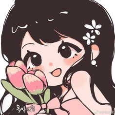 a drawing of a girl with flowers in her hair, holding onto the side of her face