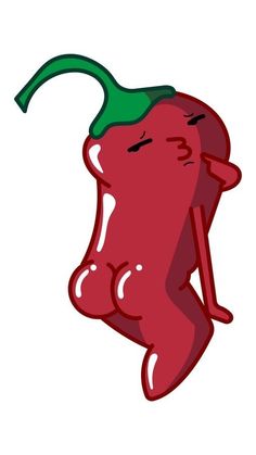 a red pepper with a green stalk sticking out of it's back end and eyes closed