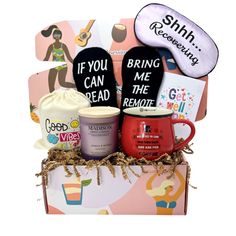 a gift box filled with coffee, cookies and other items for someone's birthday