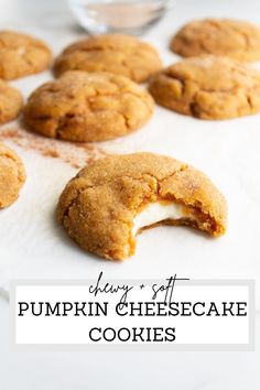 pumpkin cheesecake cookies are cut in half on a white plate