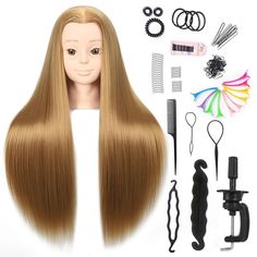 PRICES MAY VARY. 😊Package Include:1* mannequin head with long hair, 1* Table Clamp Stand. 😊Hair Material,Color and Length:High-temperature Synthetic Fiber Hair #27.26-28inch( hair length from the forehead to the back hair end). 😊Factory Outlet:10 years of production experience in retail and wholesale with best price.100% real hair afro mannequin head hairdresser styling head,training doll head 100% Indian human hair,manikin cosmetology doll head synthetic fiber hair available. 😊Multipurpose: Hair Styling Doll Head, Mannequin Head Hairstyles, Mannequin Hair, Hair Practice, Head Mannequin, Maybelline Falsies, Hairdressing Training, Hair Mannequin, Table Clamp