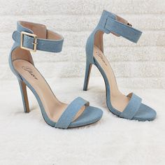 Open Toe Heels Single Toe Strap And Wide Ankle Strap With Workable Buckle Finish With A Wrap Stiletto Heel And Lightly Padded Insole. Measurement Heel Height: 4.5" (Approx) Runs True To Size Denim Heels With Heel Strap And Open Toe, Denim Open Toe Heels With Heel Strap, Denim Heels With Heel Strap, Denim Heels With Ankle Strap, Denim High Heels With Heel Strap, Elegant Denim Heels With Round Toe, Denim Open Heel Party Heels, Chic Denim Blue High Heels, Denim Blue Fitted Heels With Round Toe