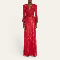 Jenny Packham "Cosmos" gown with tonal sequin and crystal embellishment V neckline Long sleeves Full length Sheath silhouette Back zip Polyester self/lining Dry clean Imported Luxury Sequined V-neck Gown, Luxury Sequin V-neck Evening Dress, Luxury V-neck Gown With Sequins, Luxury V-neck Evening Dress With Sequins, Luxury V-neck Sequined Gown, Luxury Floor-length Sequin Dress For Formal Occasions, Luxury Formal Floor-length Sequin Dress, Formal Evening Dress With Hand-embellished Fitted Bodice, Formal Hand Embellished Evening Dress With Fitted Bodice