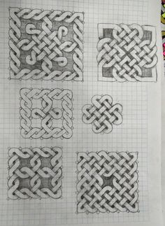 four different types of celtic designs drawn in pencil on paper with markers and crayons