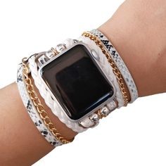 Add a touch of bohemian charm to your Apple Watch with our Boho Chic Layered Watch Bracelet. Crafted with high-quality snake print vegan leather and accentuated with a trendy chain detail, this bracelet effortlessly combines style and versatility. Compatible with all Apple Watch series and sizes, it's the perfect accessory to enhance your wrist-wear. Perfect gift for loved ones, friends or family member. Will create unforgettable memory if giving for Christmas, Birthday, Thanksgiving or any othe Bohemian Silver Bracelet Strap Watch Bands, Bohemian Silver Watch Bands With Bracelet Strap, Trendy Adjustable Chain Watch Bands, Trendy Adjustable Chain Apple Watch Band, Adjustable Chain Watch Bands As Gift, White Bracelet Strap Watch Bands, White Watch Bands Fashion Accessory, Trendy Leather Strap Jewelry, Apple Watch Edition