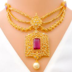 Royal Vintage 22k Gold Polki Necklace Set Opulent Hallmarked Wedding Jewelry, Gold Ruby Necklace With Intricate Design, Formal Ruby Kundan Necklace With Stone Work, Traditional Gold Ruby Necklaces, Formal Kundan Necklace With Ruby Stone Work, Heavy Gold Kundan Necklace For Formal Occasions, Gold Hand Set Temple Necklace For Reception, Gold Diamond Chandbali Necklaces, Luxury Gold Kundan Necklace With Intricate Design