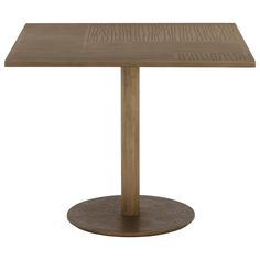 a square wooden table with a metal base