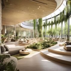 a large living room filled with lots of furniture and greenery on the walls next to stairs