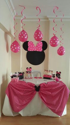 a minnie mouse party with balloons and decorations