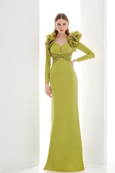 Detailed shoulders crepe and brocade dress – HerTrove Elegant Green Dress With Sweetheart Neckline, Elegant Green Maxi Dress With Sweetheart Neckline, Elegant Green Gala Dresses, Green Sheath Evening Dress, Elegant Ruffled Evening Dress For Banquets, Elegant Ruffled Evening Dress For Banquet, Elegant Green Mother Of The Bride Dress For Gala, Brocade Dress, Fashion Journals