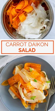 carrots, onions and cabbage salad in a bowl with the words carrot daikon salad