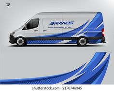 a white van with blue stripes on the side and an image of a truck that says brands