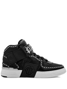 black/silver calf leather star stud detailing silver-tone logo plaque embossed logo to the side ankle strap round toe front lace-up fastening padded ankle branded insole flat rubber sole Luxury High-top Sneakers With Boost Midsole For Streetwear, Luxury High-top Sneakers With Rubber Sole, Luxury Calf Leather Sneakers For Streetwear, Black Calf Leather High-top Sneakers For Streetwear, Sporty High-top Sneakers With Leather Sole For Streetwear, Luxury Leather High-top Sneakers With Round Toe, Luxury Black High-top Sneakers For Streetwear, Luxury High-top Sneakers With Boost Midsole, High-top Sneakers With Leather Sole