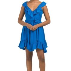 One 33 Social Sleeveless Ruffle Mini Dress V-Neck Ruffle Hem Back Zip And Hook Closure Bright Blue Size 10 Dress:100% Polyester Lining: 92% Polyester, 8% Spandex Hand Was, Cold Water. Nwt. Spring Sleeveless V-neck Dress With Ruffles, Elegant Blue V-neck Ruffle Dress, Sleeveless Ruffled V-neck Dress For Party, Chic Blue V-neck Ruffle Dress, Blue V-neck Ruffle Dress For Summer, Fitted V-neck Ruffle Dress For Vacation, Blue Vacation Dress With Ruffled Straps, Blue Sundress With Ruffled Straps, Blue V-neck Dress For Summer Brunch