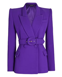 Double breasted jacket in Iris with a belt. Features the signature strong Sergio Hudson shoulders and is fully lined in silk. 100% Wool Lining: 95% Silk | 5% Lycra Dry Clean Only Made in United States Free Domestic Shipping Sergio Hudson, Belted Blazer, Woman Suit Fashion, Belted Jacket, Double Breasted Jacket, Notched Collar, Suit Fashion, Waist Belt, Feminine Style