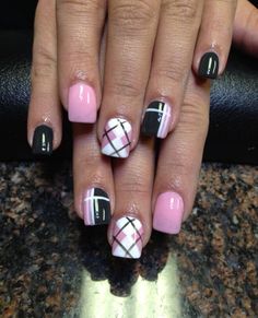 Baby pink, white and black nail polish combination. Arranged to form a plaid nail art design, the nails are also painted with matte white and baby pink colors. Nail Polish Combinations, Plaid Nail Art, Baby Rosa, Plaid Nails, Black Nail Polish, Her Nails, White Nail, Get Nails