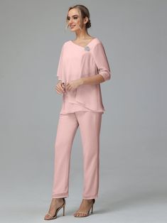 Half Sleeves Chiffon Mother Of The Bride Dress Pant Suits Elegant V-neck Evening Set, Elegant V-neck Party Sets, Spring Evening V-neck Sets, Spring Evening Sets With V-neck, Summer Evening V-neck Set, Elegant Pink Chiffon Sets, Summer Formal V-neck Sets, Spring Wedding V-neck Sets, V-neck Wedding Sets For Spring