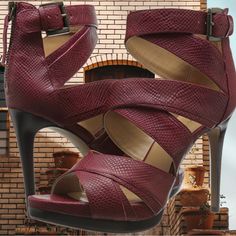 Leather Imported Synthetic Sole Shaft Measures Approximately 6" From Arch Heel Measures Approximately 4.25" Platform Measures Approximately 0.5" Platform Dress Sandal Featuring Wide Crisscross Straps At Toe, Vamp, And Ankle Buckled Ankle Closure Unworn And Comes With Original Box. Burgundy Leather Open Toe Sandals, Burgundy Leather Heels With Heel Strap, Chic Burgundy Round Toe Sandals, Burgundy Leather Heels For Spring, Burgundy Synthetic High Heels, Burgundy Open Heel Shoes With Strap, Burgundy Leather Heels With 4-inch Heel, Burgundy Leather Platform Heels, Leather Heels Sandals