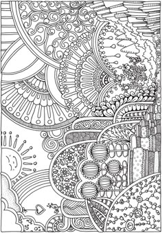 an abstract coloring page with lots of different shapes and sizes, including the sun in the sky