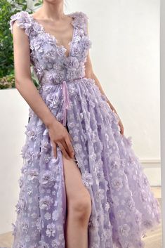 Straps V Neck 3D Floral Lavender Dress with Side Slit فستان زهري, Lavender Dress, Floral Pattern Dress, Western Dress, Lavender Dresses, Ideas Outfit, Fabric Accessories, Pretty Clothes, Party Outfits