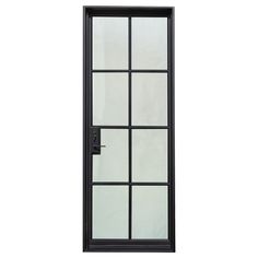 an open glass door with black frame and side panels on the outside, against a white background