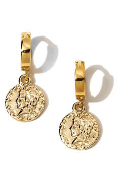 Coin drops with 18-karat gold fill add a wealth of style to these huggie hoop earrings. 1/2" drop Hinge with snap-post closure 18k-gold fill Made in the USA Tarnish Resistant Gold Dangle Huggie Earrings, Tarnish-resistant Gold Dangle Huggie Earrings, Gold Dangle Huggie Earrings, Gold Dangle Huggie Earrings For Pierced Ears, Gold Dangle Huggie Earrings 14k Gold Filled, Gold-tone Huggie Earrings, Gold-plated Huggie Earrings With Lever Back, Gold Plated Gold Huggie Earrings With Lever Back, Gold Dangle Huggie Earrings Nickel Free