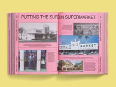 an open magazine with pictures of buildings and people