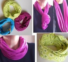 four different ways to tie scarves in the same color as they appear on this woman's neck