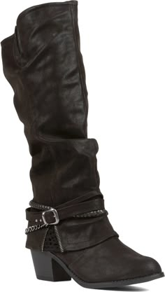 This stunning boot showcases a sleek faux-leather upper, elegantly adorned with striking buckle and strap accents that add a fashionable flair. The unique chain detail introduces an edgy touch, setting you apart from the crowd. With an inside zipper closure, slipping these boots on is a breeze, making them perfect for your busy lifestyle. Crafted with a durable synthetic outsole, the Jellypop Treasure Boot is designed for both style and practicality, featuring a 2-inch heel that offers just the right amount of lift. Elevate your wardrobe with this versatile and trendy boot, ideal for any occasion. Jellypop Boots, Alt Boots, 2000s Boots, Wedged Boots, No Heel Boots, Winter Outfits With Boots, Winter Shoes Women, Y2k Heels, Material Gworl