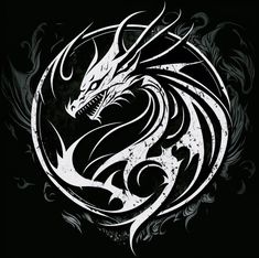 a black and white dragon on a dark background