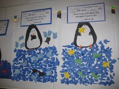 two bulletin boards with penguins and stars on them