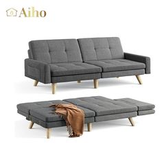 a couch and ottoman are shown in two different positions, one with a blanket on it