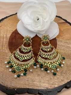 Hyderabadi Jadau Green Stones Green Beads Multi Layer Chandbali Earrings Cheap Green Chandbali Earrings, Gold Plated Green Chandbali Earrings, Green Chandbali Fusion Jewelry, Green Chandbali Temple Chandelier Earrings, Green Dual-tone Chandbali Jewelry, Chandbali Earrings, Green Stones, Traditional Earrings, Green Beads