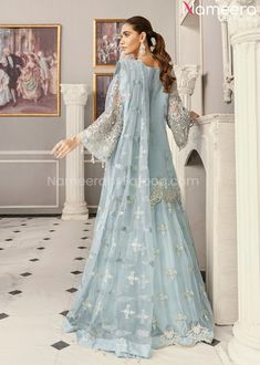 Floor-length Organza Dress With Dabka, Floor-length Organza Dress With Dabka Details, Long Sleeve Gown For Eid Reception, Floor-length Embellished Net Dress, Embellished Floor-length Net Dress, Eid Reception Dress With Dabka Detailing, Elegant Dabka Reception Gown, Semi-stitched Net Gown For Eid, Long Sleeve Georgette Gown For Party