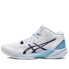 the asics shoes are white and blue, with purple accents on the upper part