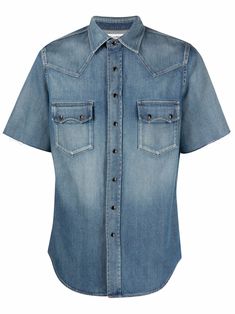 blue cotton-denim faded effect classic collar front press-stud fastening short sleeves two chest flap pockets curved hem