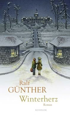 a book cover with an image of two children walking in the snow near a house