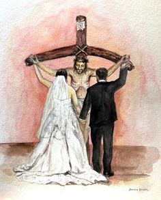 a painting of a bride and groom holding the cross with their hands as if they were married