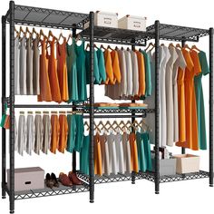 PRICES MAY VARY. 【Dimension of PUNION Garment Racks for Hanging Clothes】The metal clothing rack assembled dimension is 86"W X18”D X77”H. Package dimension is 31W x 19D X10H, package weight is 45lbs. 【Strong Bearing Capacity Hold Up to 1300LBS】The portable clothes racks can be load capacity up to 1500lbs, not easily deformed. It can create extra storage space instantly. 【Adjustable Metal Clothing Rack】The heavy duty clothes rack has 7 tiers adjustable wire shelving ,5 hanging rods and 2 side hook Clothing Racks For Boutique, Room Clothes Storage Ideas, Extra Clothes Storage Ideas, Clothes Rack Ideas, Bedroom Clothing Rack, Costume Storage, Costume Room, Metal Clothing Rack, Gear Room