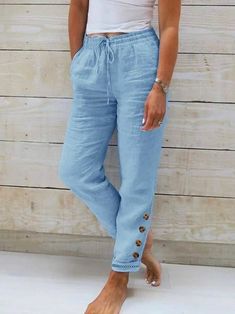 Sky Blue Pants Outfit, Capris Outfits, Loose Trousers Women, Blue Pants Outfit, Summer Linen Pants, Casual Weekend Outfit, Brunch Dates, Lace Pants, Loose Trousers