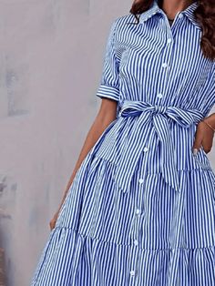 Azul Bohemio Collar manga corta  Color combinado,A rayas,Estampado Integral A línea Embellished Estiramiento medio Light Blue Striped Dress, Tiered Shirt Dress, Shirt Dress With Belt, Summer Dress For Women, Personal Style Inspiration, Blue Striped Dress, Long Shirt Dress, Dress With Belt, Classic Pattern