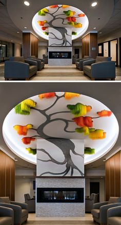 two pictures of the inside of a building with trees painted on it, and an image of